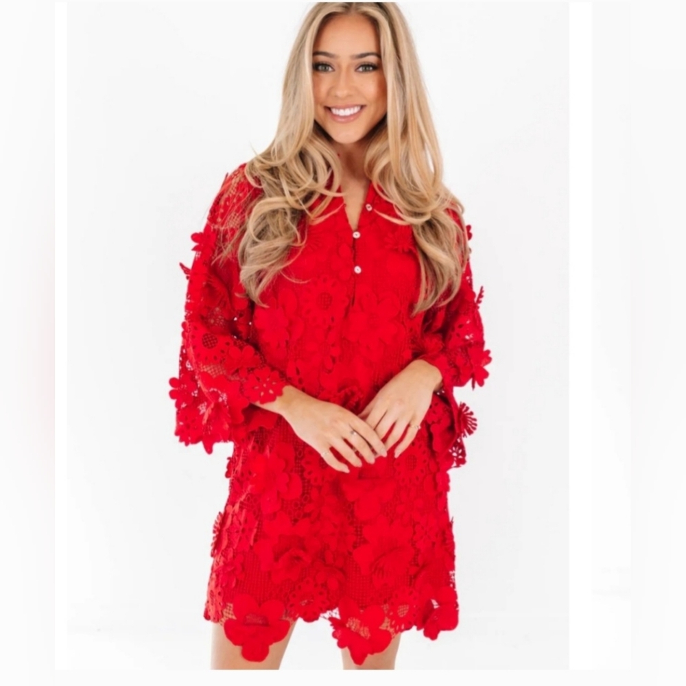 J.Marie Seraphina Floral 3D Lace Split Round Button Up Long Sleeve Shift Dress